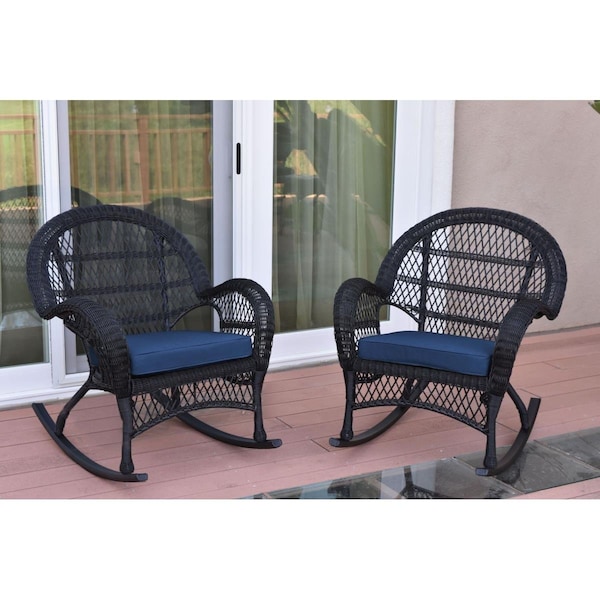 Jeco W00211-R-2-FS011 Santa Maria Black Wicker Rocker Chair with Blue Cushion, 2PK W00211-R_2-FS011 - main